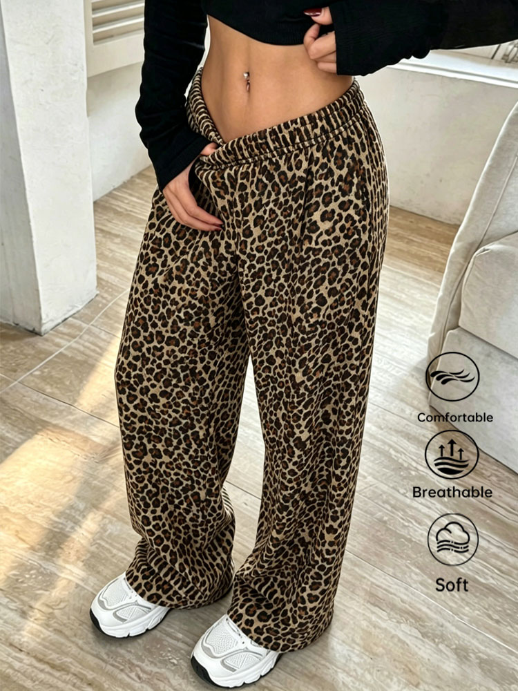 Winter Clothing Offer - Y2K Womens Leopard Print Wide Leg